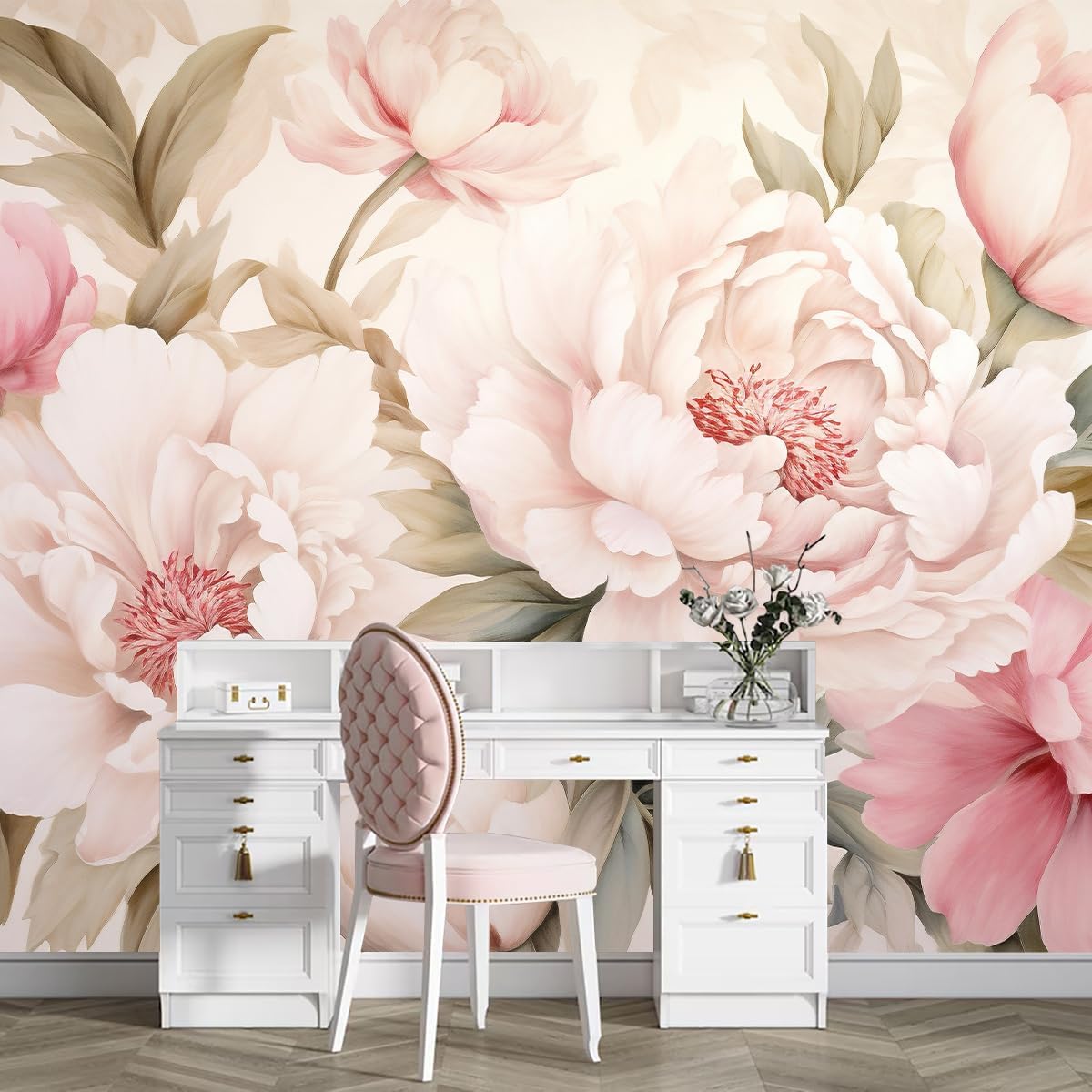 Elegant Peony Floral Mural Wal - Beauty Makeup Desk ulasan dan harga